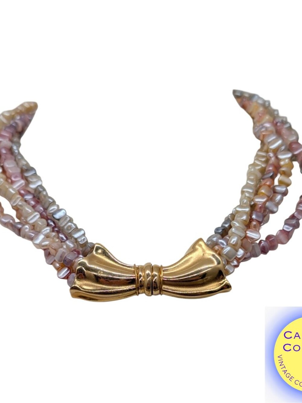 Vintage 1981 Napier Goldtone Faux-Mother of Pearl Beaded Bow Necklace